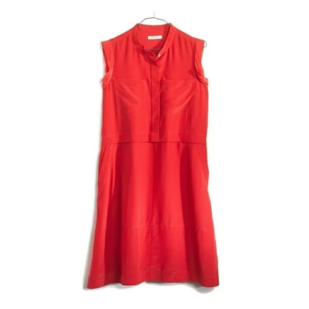 Madewell Sz 00 Red 100% SILK Shift Shirt Tank Dress Pockets xxs 2xs Sleeveless